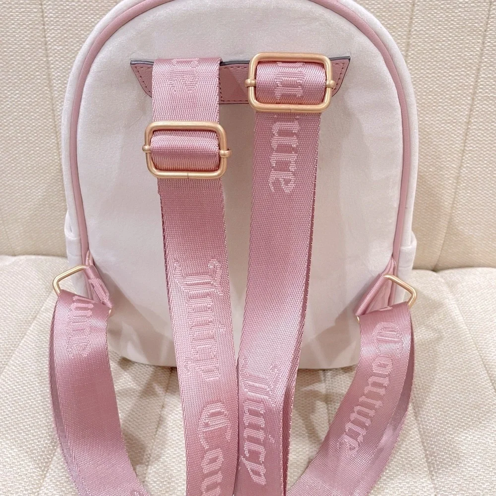 NEW Juicy Couture Velour Mini Backpack Cream Pink Embroidered Logo Heart Charm‎